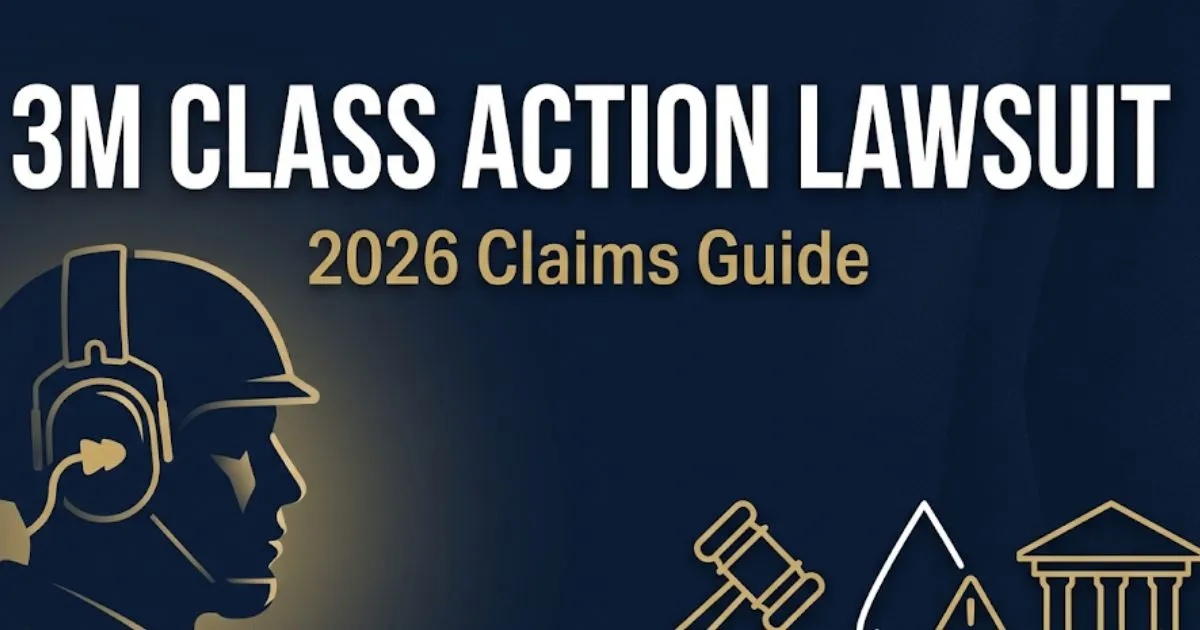 3M class action lawsuit 2026 guide banner with legal icons, soldier silhouette, and bold headline text on navy background.