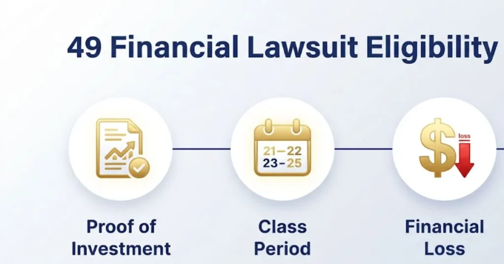 49 financial lawsuit eligibility infographic showing proof, timeline, and loss requirements