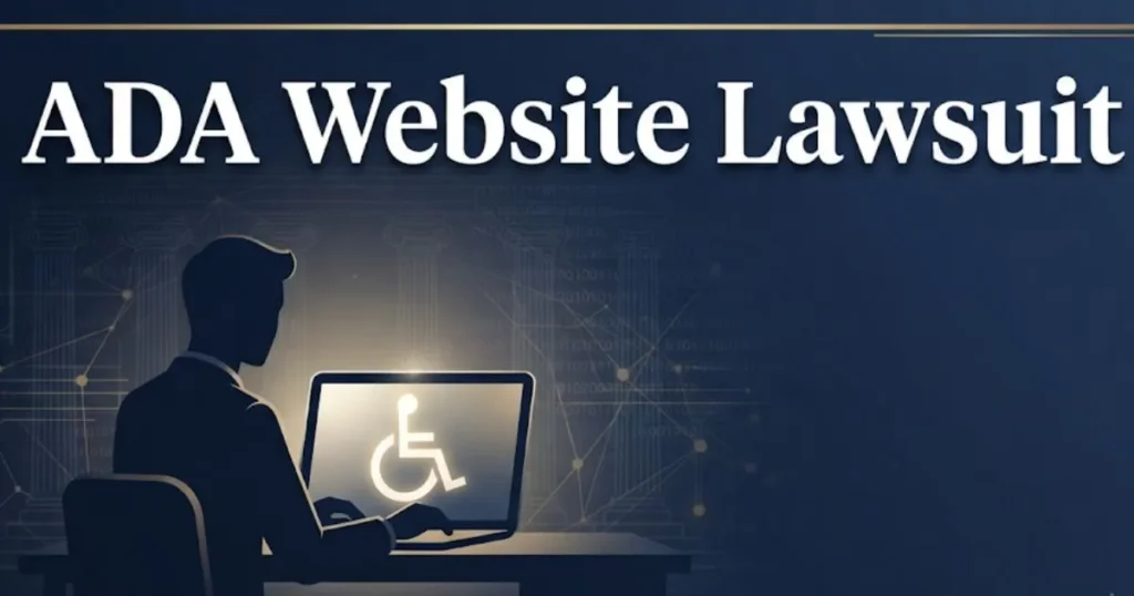 ADA website lawsuit guide banner with accessibility symbol and legal design elements