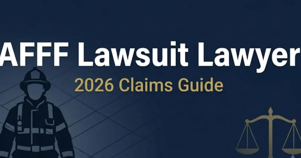 AFFF lawsuit lawyer 2026 eligibility guide banner with firefighter silhouette and legal scale icons on navy background
