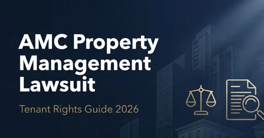 AMC property management lawsuit tenant rights guide 2026 with legal icons and apartment silhouettes on navy background