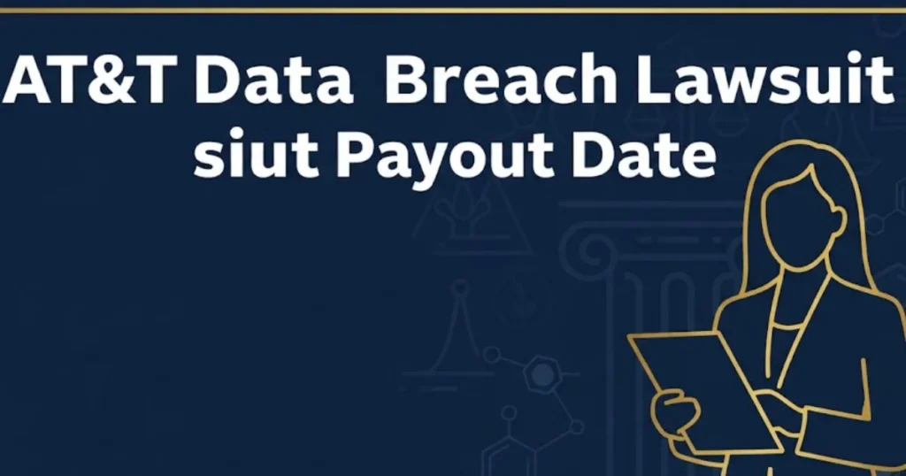 AT&T data breach lawsuit payout date 2026 legal settlement banner with courthouse silhouette and claimant figure