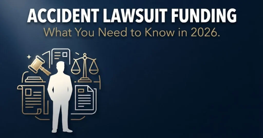 Accident lawsuit funding 2026 guide banner showing legal icons, gavel, and bold headline text on navy background
