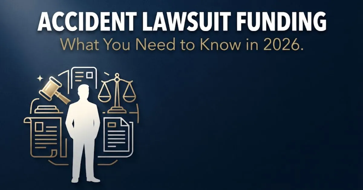 Accident lawsuit funding 2026 guide banner showing legal icons, gavel, and bold headline text on navy background