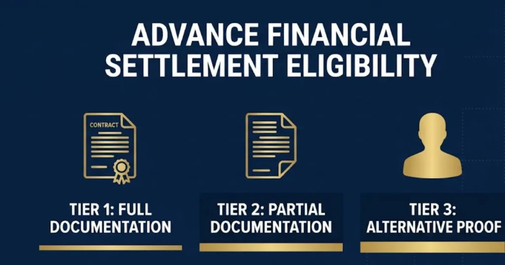 Advance Financial settlement eligibility tiers infographic for 2026 lawsuit