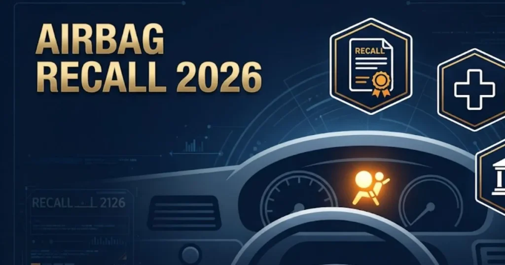 Airbag recall 2026 infographic showing dashboard warning light and legal claim icons