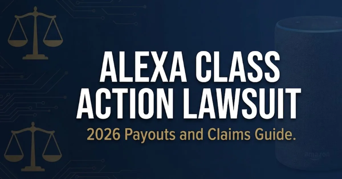 Alexa class action lawsuit 2026 blog banner with legal scales and smart speaker silhouette
