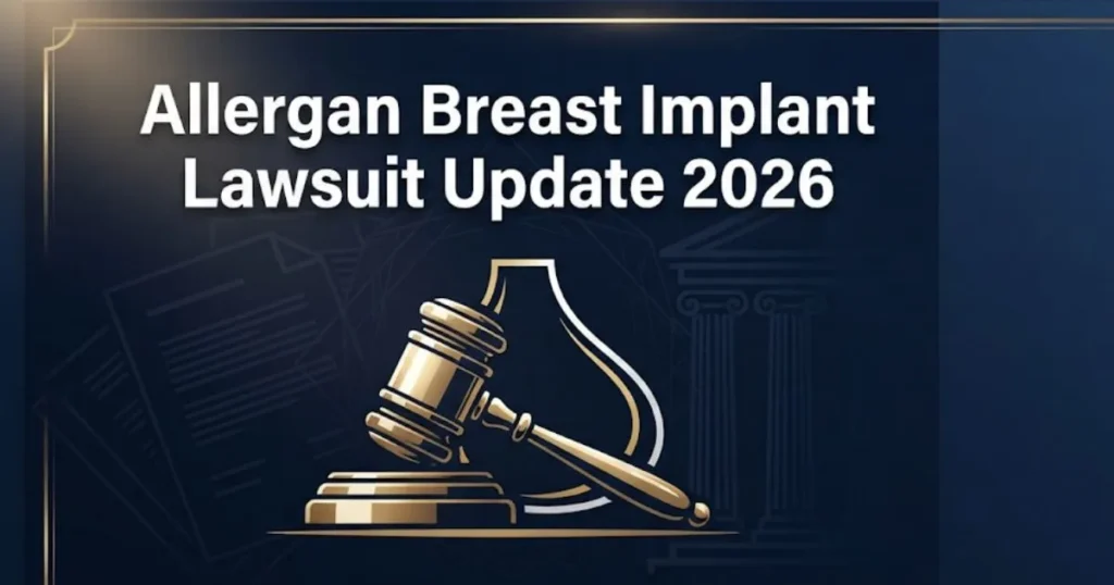 Allergan breast implant lawsuit update 2026 hero banner with gavel and implant icon