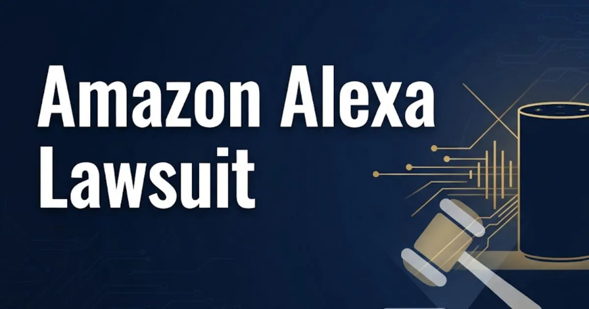 Amazon Alexa lawsuit 2026 legal guide banner with smart speaker and gavel icons