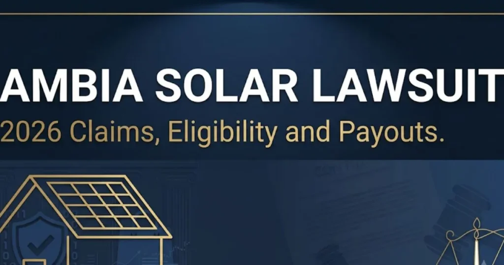 Ambia Solar Lawsuit 2026 hero banner showing solar house silhouette and legal scales on navy background