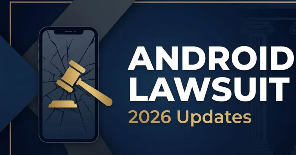 Android lawsuit 2026 blog banner with gavel and smartphone legal imagery
