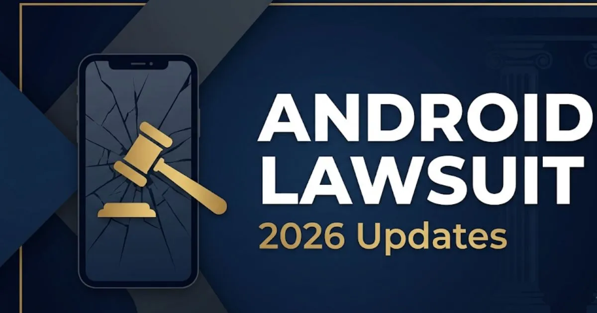 Android lawsuit 2026 blog banner with gavel and smartphone legal imagery