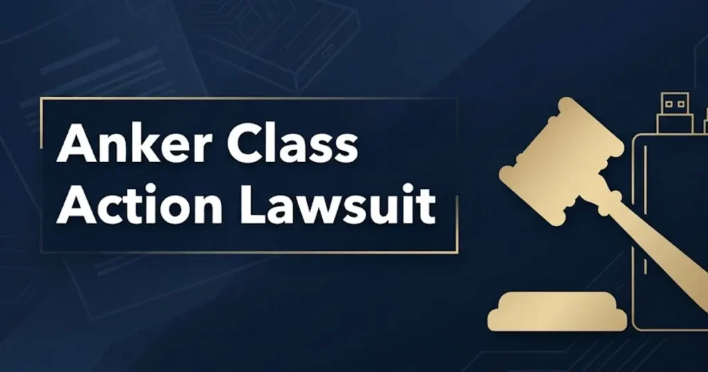 Anker class action lawsuit 2026 blog banner with gavel and charger icons on navy background