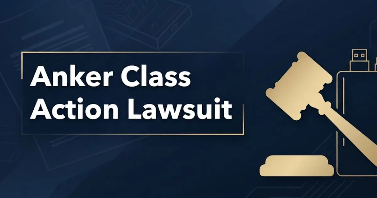 Anker class action lawsuit 2026 blog banner with gavel and charger icons on navy background