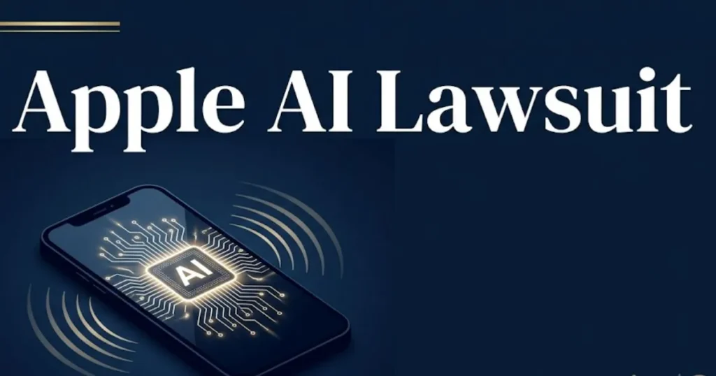 Apple AI lawsuit 2026 legal banner with smartphone silhouette and gavel icon on navy background