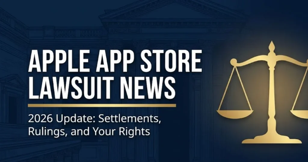 Apple App Store lawsuit news 2026 editorial banner showing scales of justice and bold legal headline on navy background