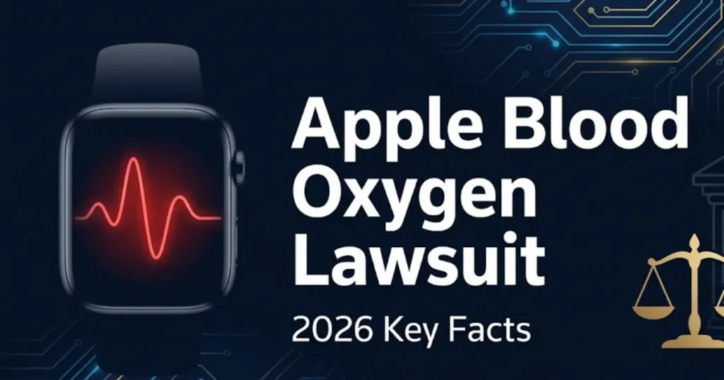 Apple blood oxygen lawsuit 2026 legal banner with smartwatch silhouette and legal scales