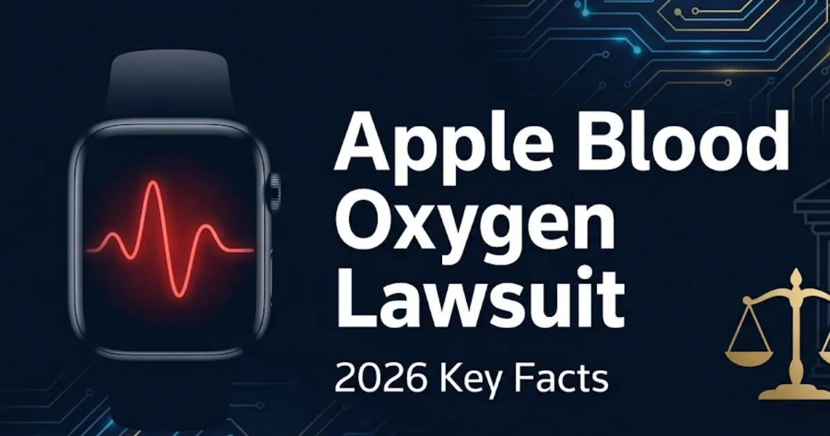 Apple blood oxygen lawsuit 2026 legal banner with smartwatch silhouette and legal scales