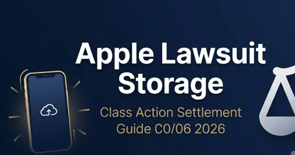 Apple lawsuit storage class action settlement guide 2026 banner with legal icons on navy background