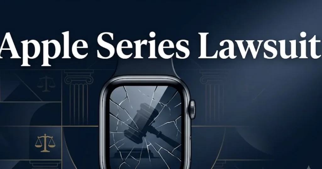 Apple series lawsuit 2026 blog banner with cracked smartwatch and legal symbols MAIN KEYWORD {{apple series lawsuit}} CLUSTER KEYWORDS {{paste cluster keywords, separated by or one per line}