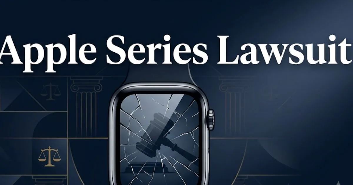 Apple series lawsuit 2026 blog banner with cracked smartwatch and legal symbols MAIN KEYWORD {{apple series lawsuit}} CLUSTER KEYWORDS {{paste cluster keywords, separated by or one per line}
