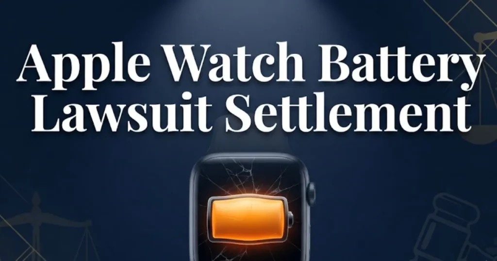 Apple watch battery lawsuit settlement 2026 guide with legal themed smartwatch graphic