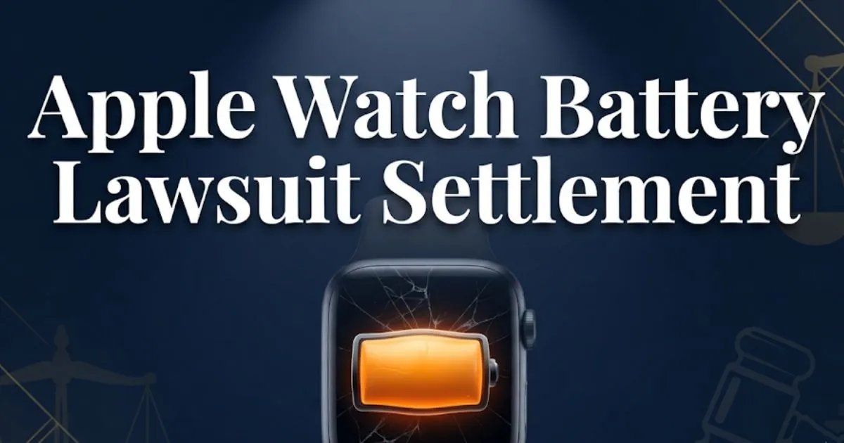 Apple watch battery lawsuit settlement 2026 guide with legal themed smartwatch graphic