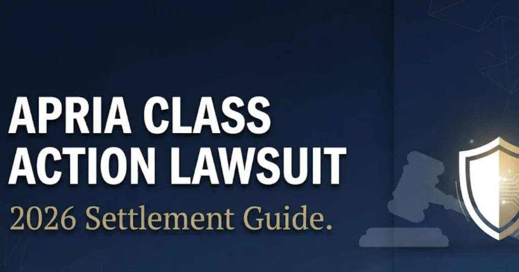 Apria class action lawsuit 2026 settlement guide banner with legal gavel icon on navy background