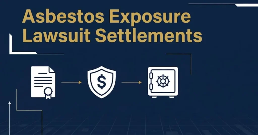 Asbestos exposure lawsuit settlements infographic with legal icons and trust fund symbols