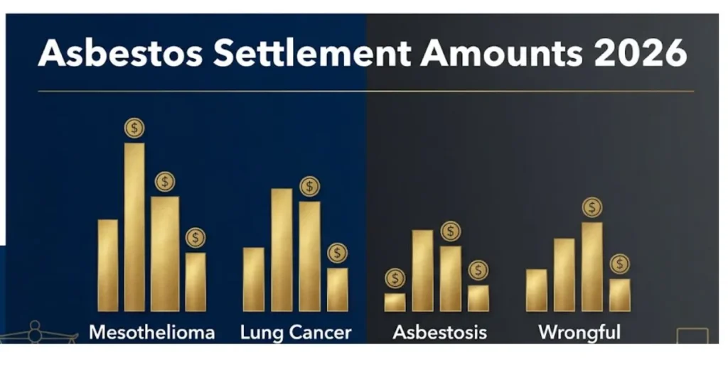 Asbestos settlement amounts 2026 infographic with payout tiers for mesothelioma and related claims