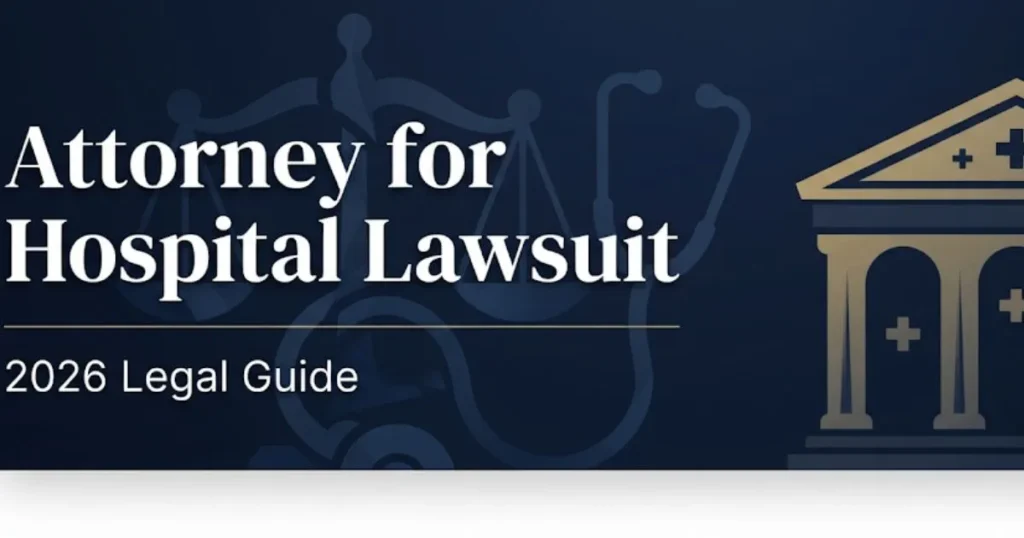 Attorney for hospital lawsuit 2026 legal guide banner with scales of justice and medical symbols