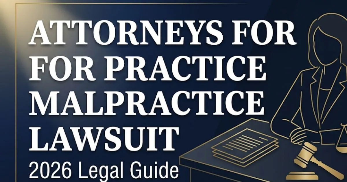 Attorneys for malpractice lawsuit 2026 guide banner with legal silhouette and scales of justice on navy background