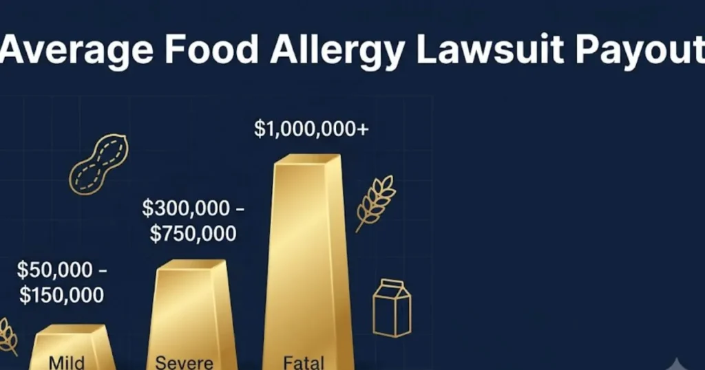 Average food allergy lawsuit payout infographic showing settlement tiers for mild, severe, and fatal cases