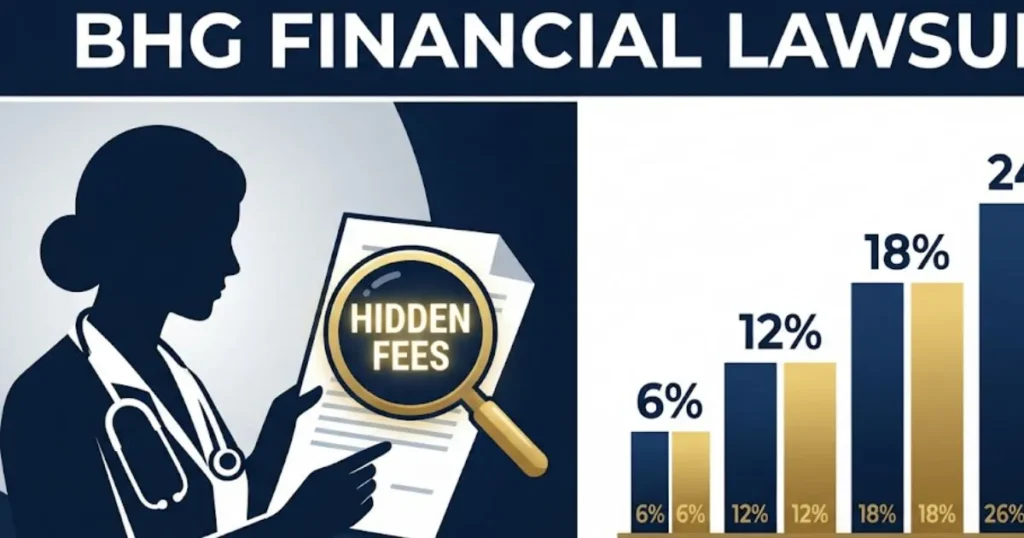 BHG Financial lawsuit infographic showing hidden fees and interest rate comparison chart