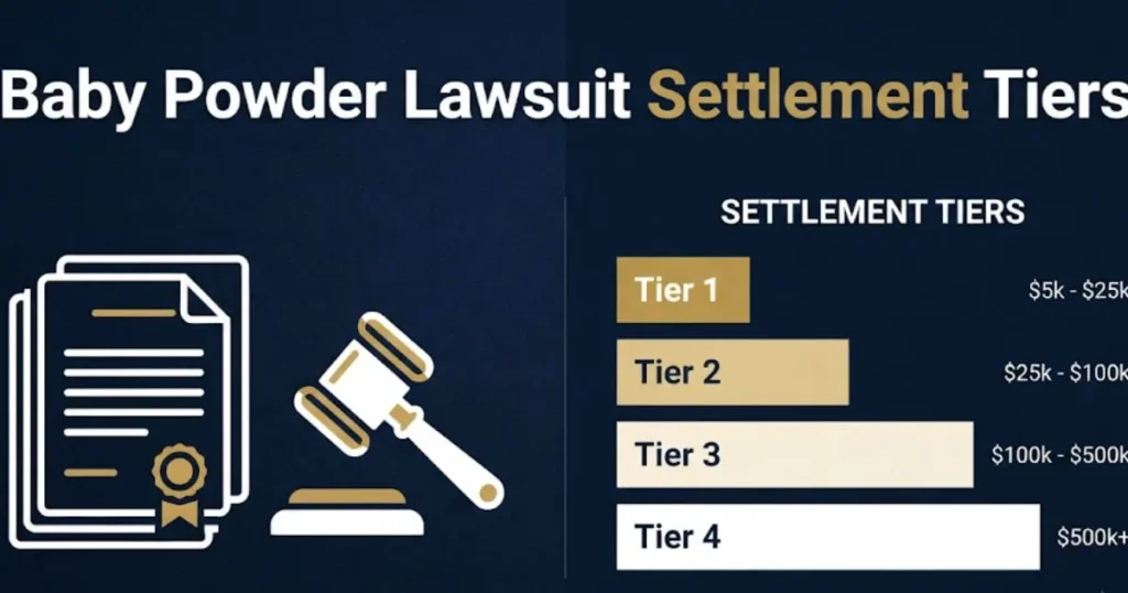 Baby powder lawsuit settlement tiers chart with legal documents and gavel graphic design