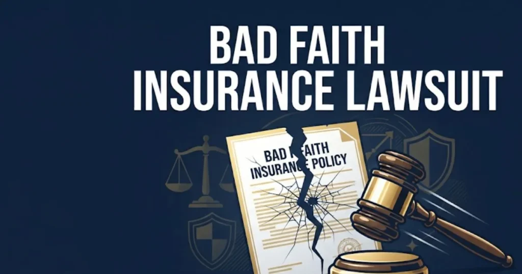 Bad faith insurance lawsuit 2026 guide hero banner with gavel and broken policy document