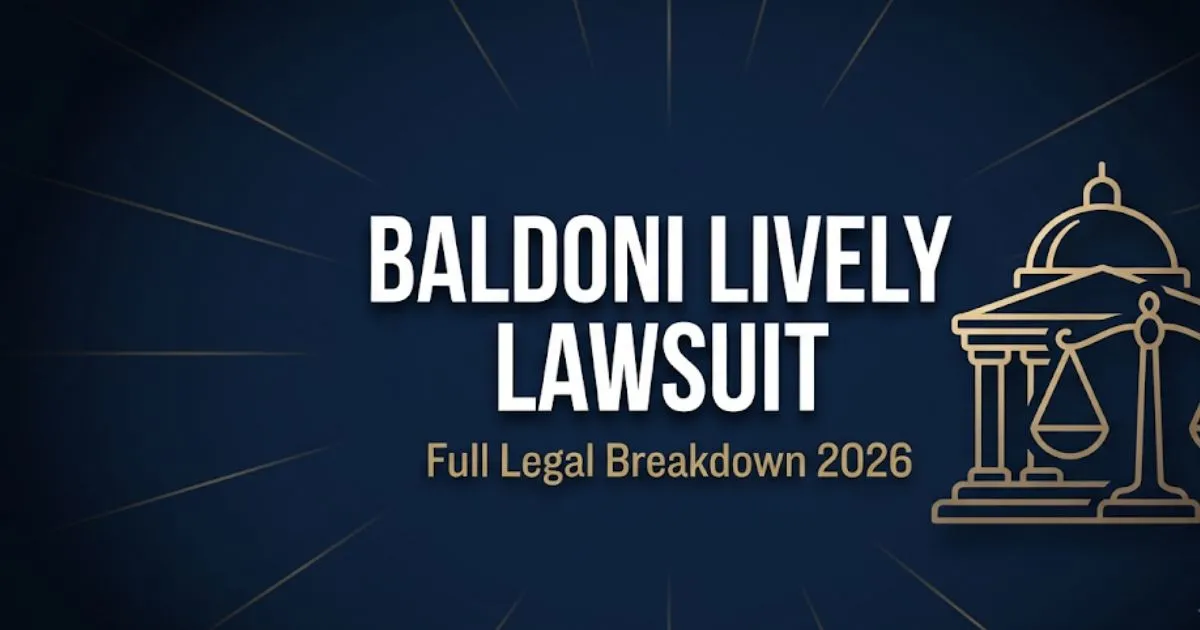 Baldoni Lively lawsuit legal breakdown 2026 editorial banner with courthouse silhouette and scales of justice icons