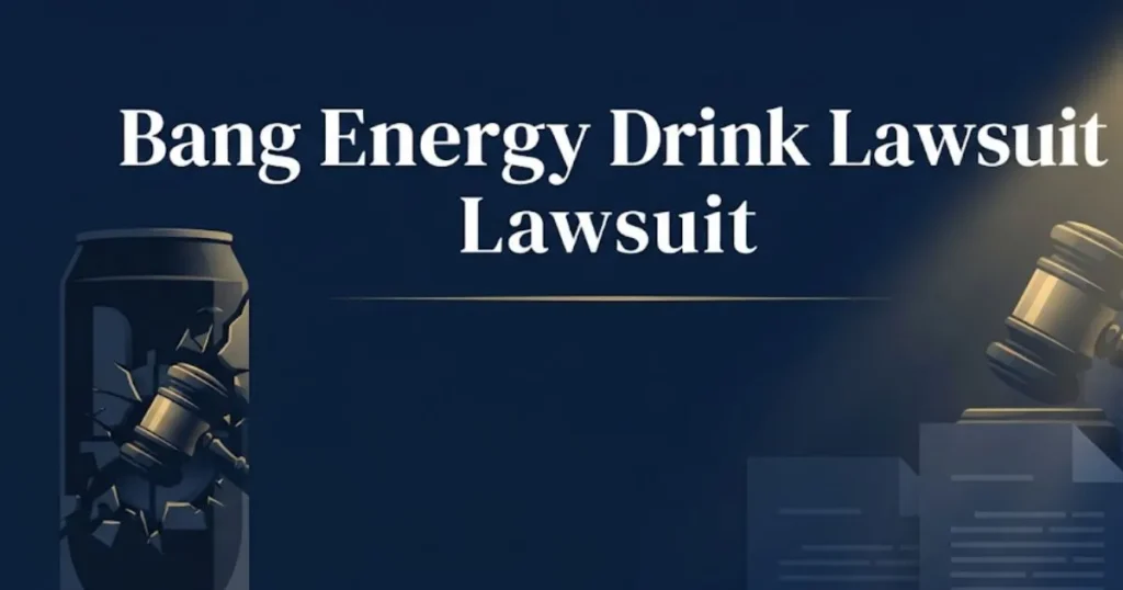 Bang energy drink lawsuit hero banner with gavel and energy drink silhouette