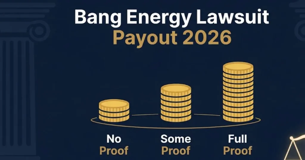 Bang energy lawsuit payout tiers infographic showing claim amounts for 2026