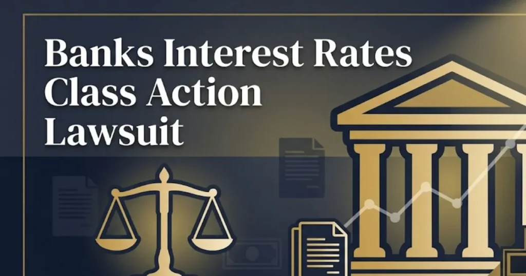Banks interest rates class action lawsuit 2026 guide banner with legal scales and bank building silhouette on navy background