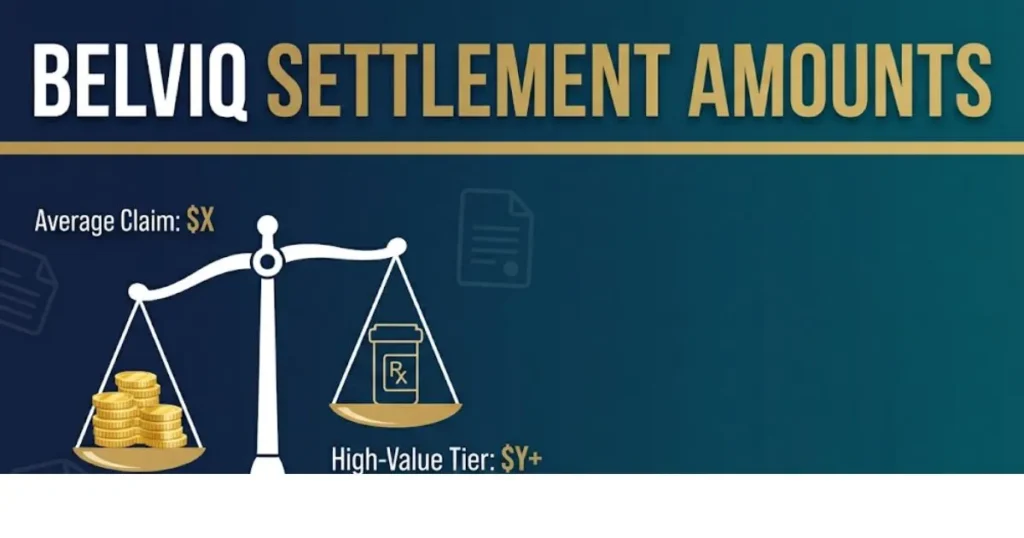 Belviq settlement amounts graphic with scales of justice and pill bottle