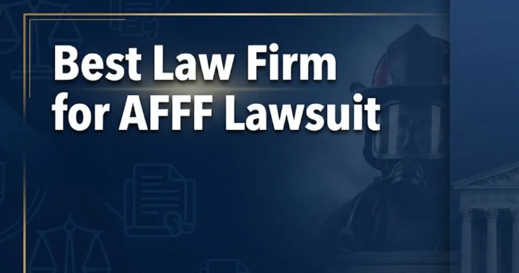 Best law firm for AFFF lawsuit 2026 guide banner with legal and firefighting imagery on navy background MAIN KEYWORD {{best law firm for afff lawsuit}} CLUSTER KEYWORDS {{paste cluster keywor