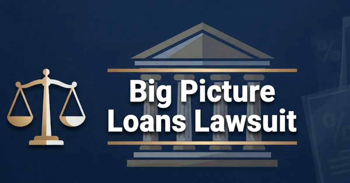 Big picture loans lawsuit hero banner with courthouse silhouette and legal symbols