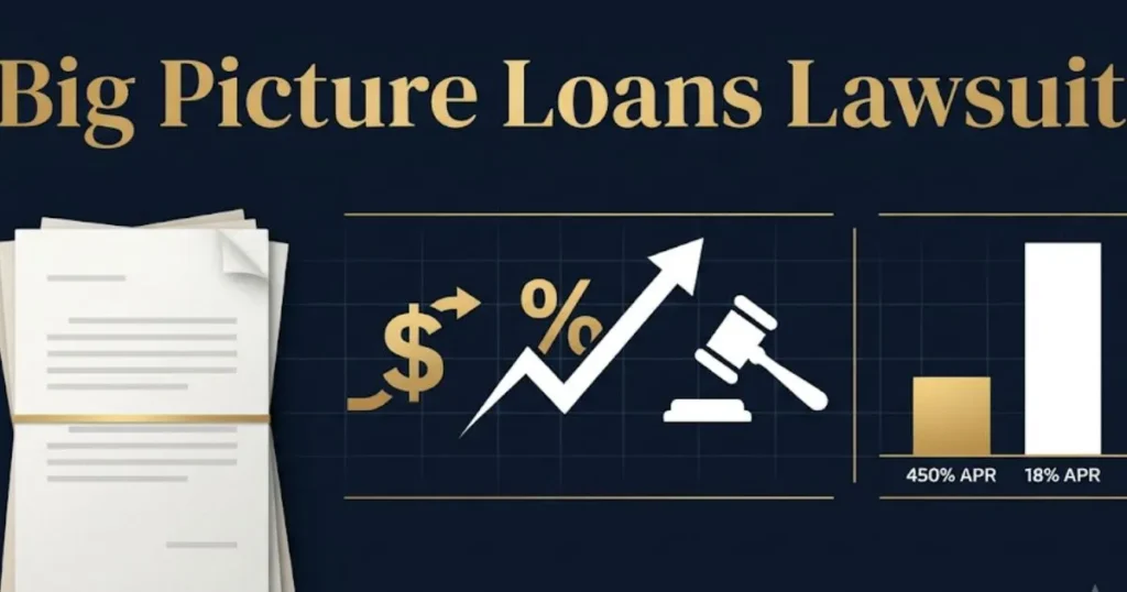 Big picture loans lawsuit infographic showing interest rate comparisons and legal icons