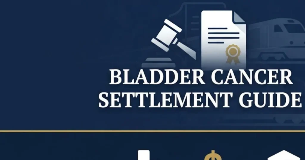 Bladder cancer settlement guide graphic with legal icons for railroad lawsuit claims