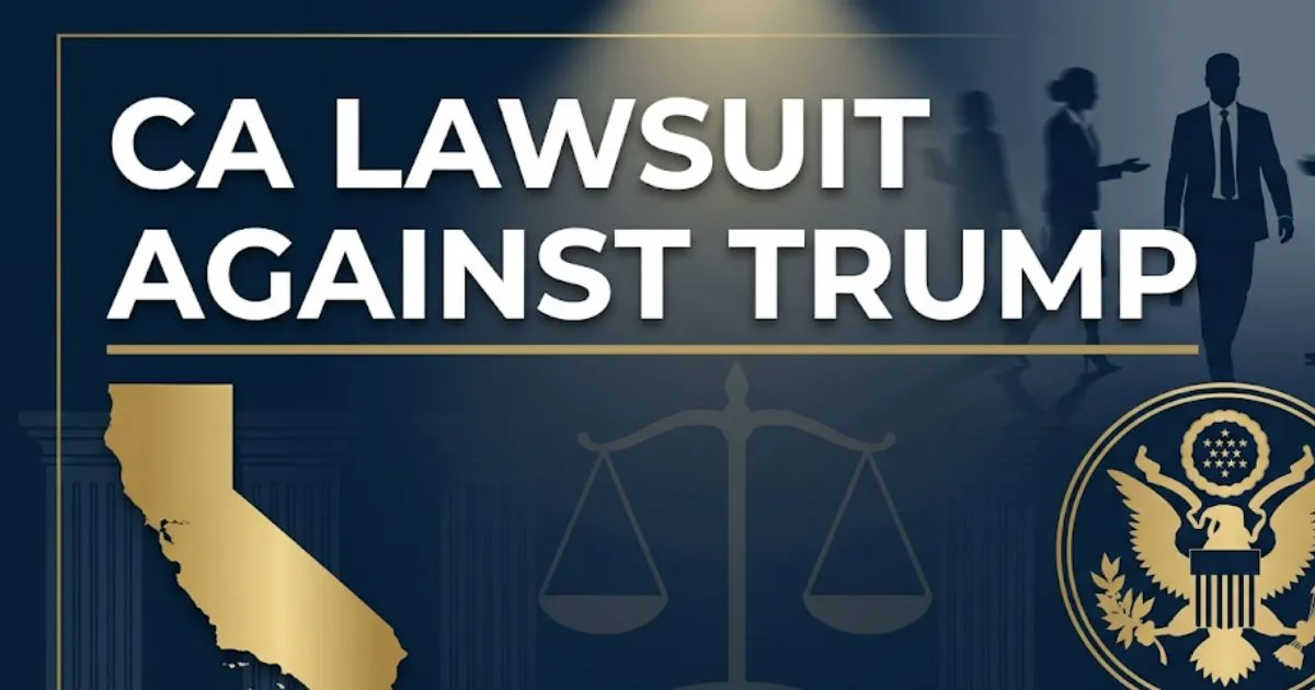 Blog banner showing CA lawsuit against Trump headline with California state icon and federal courthouse symbols on navy background