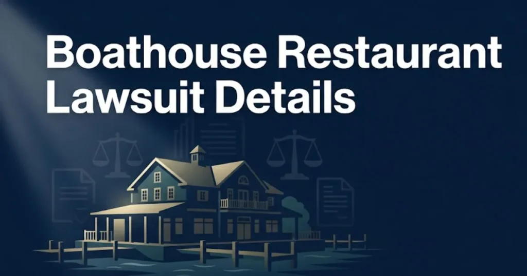 Boathouse Restaurant lawsuit details hero banner showing legal scales and waterfront silhouette in navy and gold design