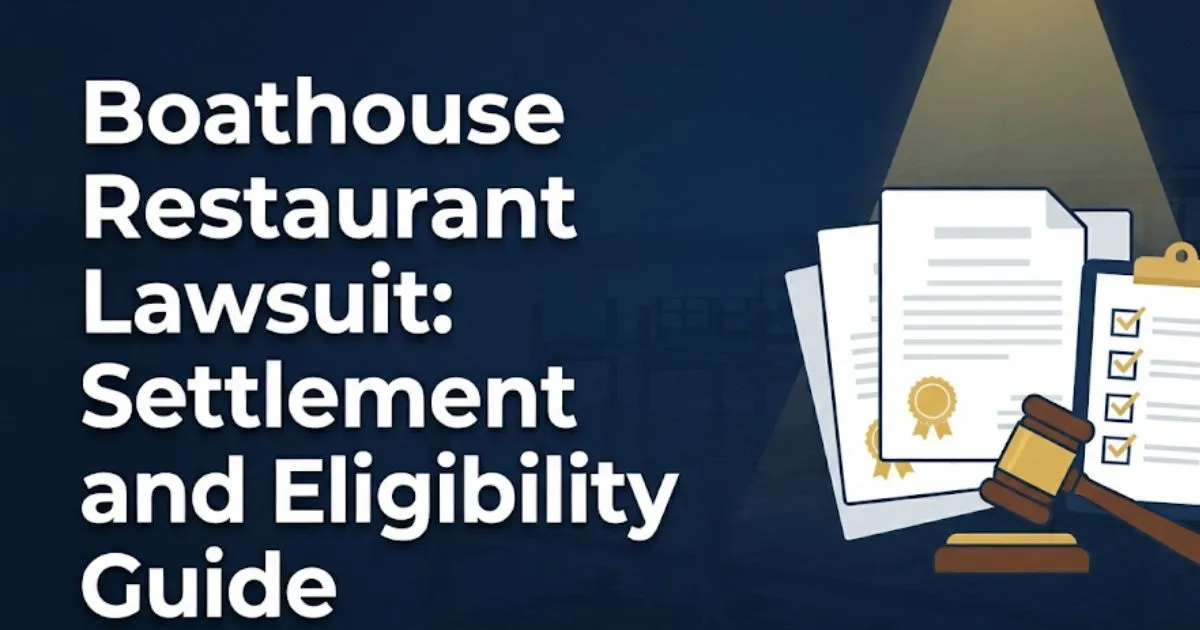 Boathouse Restaurant lawsuit settlement and eligibility supporting graphic showing legal documents and claim checklist in navy and gold