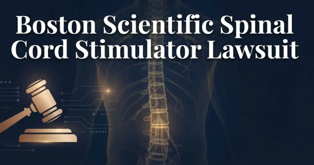Boston Scientific spinal cord stimulator lawsuit 2026 legal guide banner with spine illustration