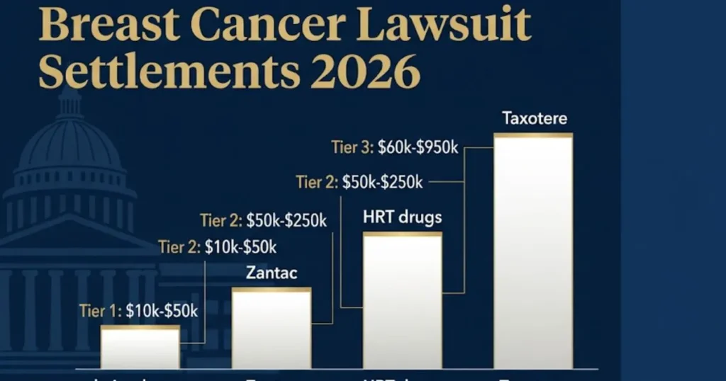 Breast cancer lawsuit settlements 2026 infographic showing compensation ranges by product type